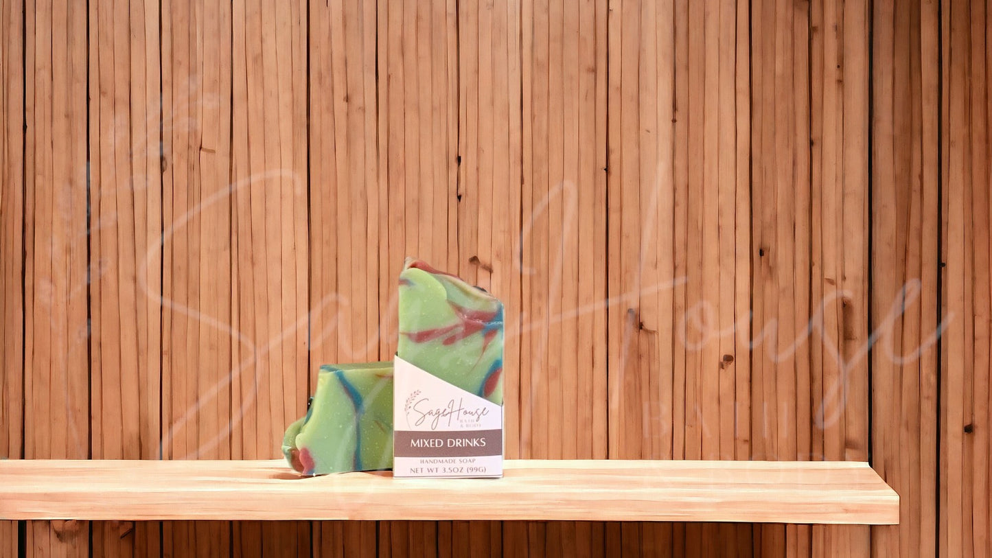 A lime green bar of soap with accents of red and blue in a white labeled box, on a wood surface.