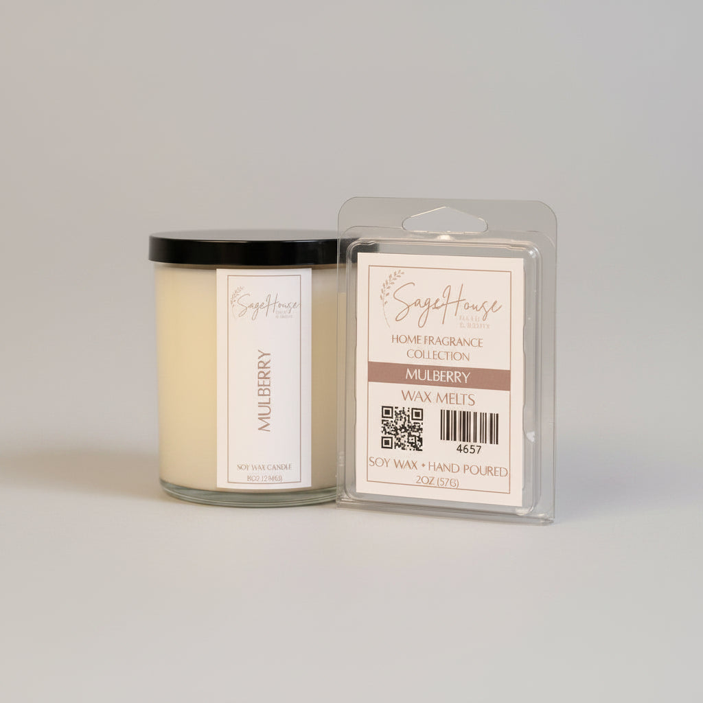 A white soy wax candle in a clear container, next to a clear clamshell wax melt package. On a neutral background