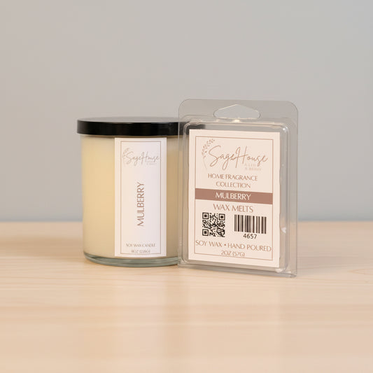 A white soy wax candle in a clear container, next to a clear clamshell wax melt package. On a neutral background