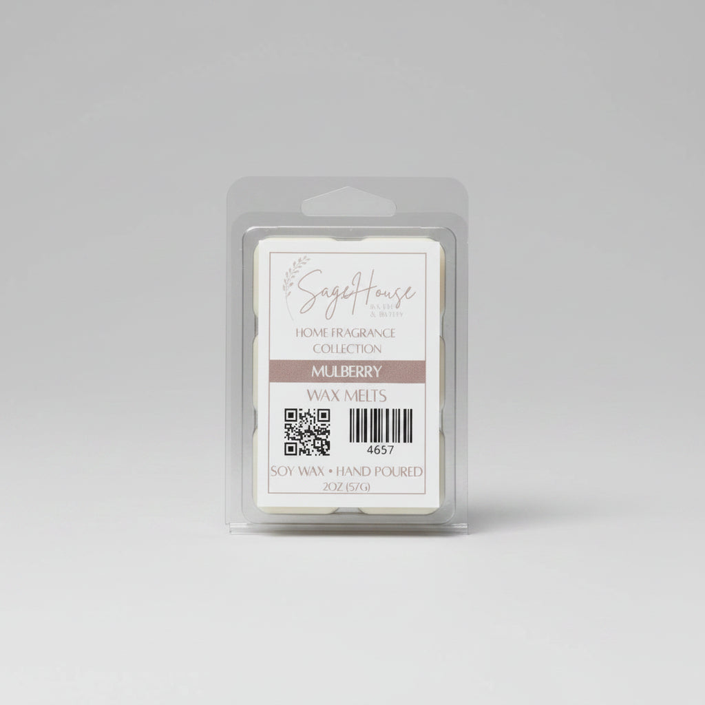 A clear clamshell container holding 6 wax melt cubes with a label on top, placed on neutral background