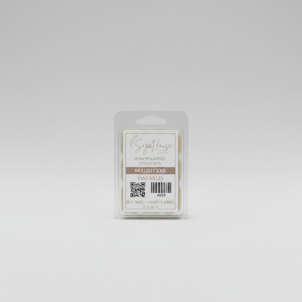 A clear clamshell container holding 6 wax melt cubes with a label on top, on a neutral background