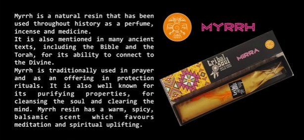 Myrrh incense packaging with text about its history and uses on a black background