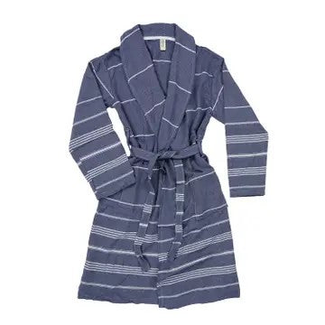 A navy striped Turkish bathrobe with a tie belt, displayed on a white background.