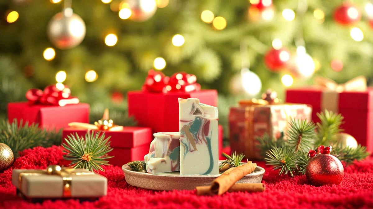 A white colored bar of soap with accents of red, green and gold, with christmas decor in the background