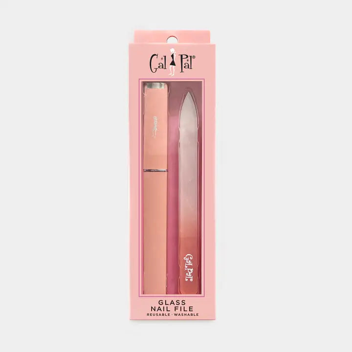 A nude color glass nail file with case inside of packaging, on a white background