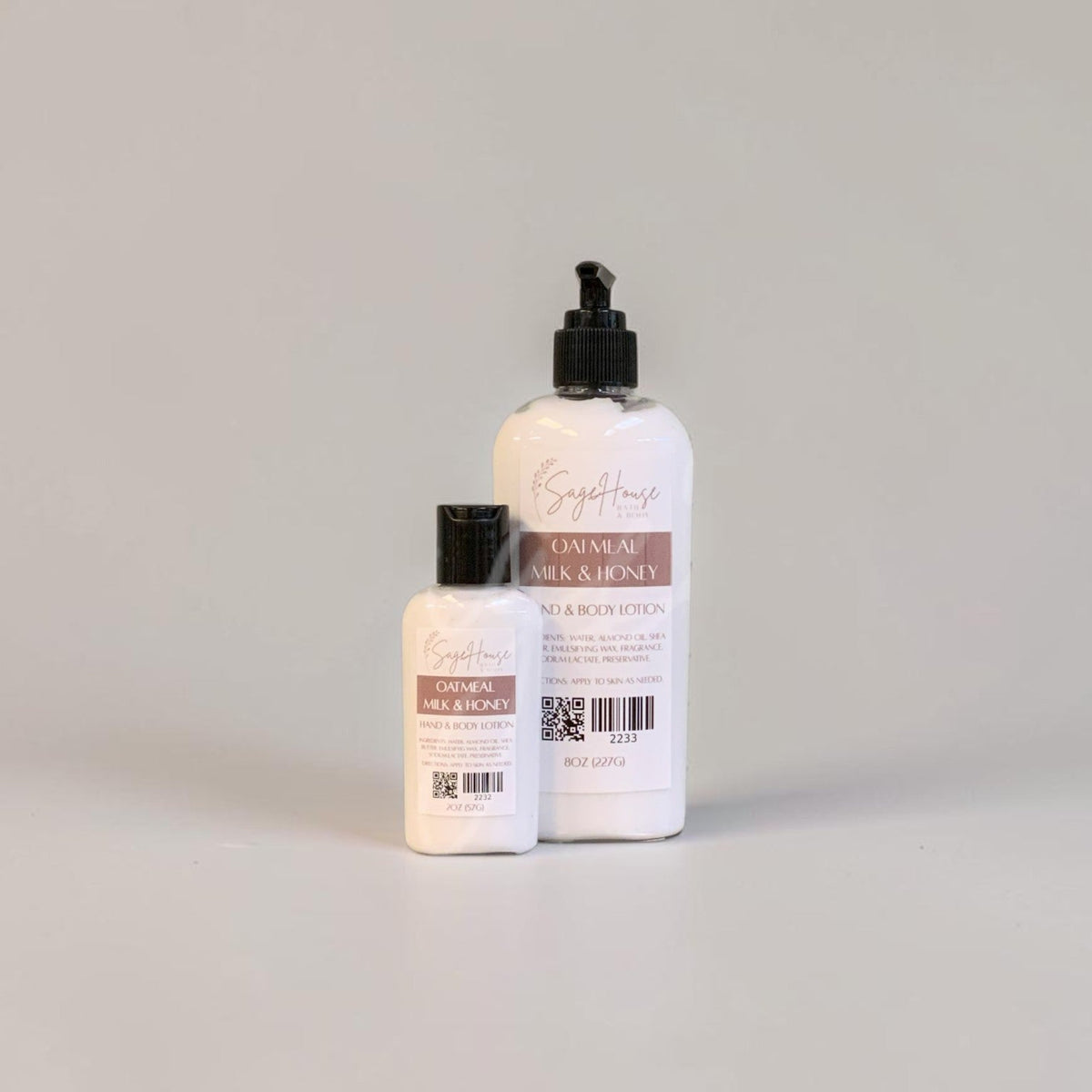 Two bottles of lotion with black caps and white labels. On a white background.