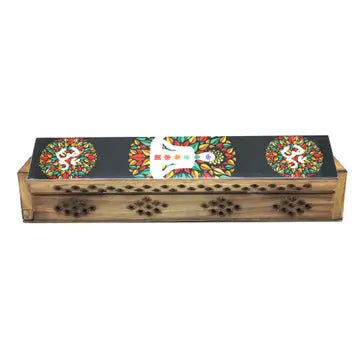 Wooden meditation box incense burner with carved spiritual symbols by SageHouse Bath & Body