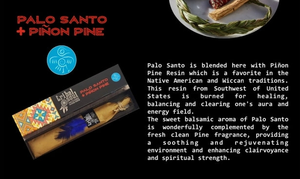 Palo Santo and Piñon Pine product packaging with descriptive text on a black background