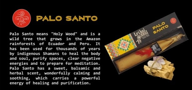 Palo Santo packaging with text about its uses and origins on a black background