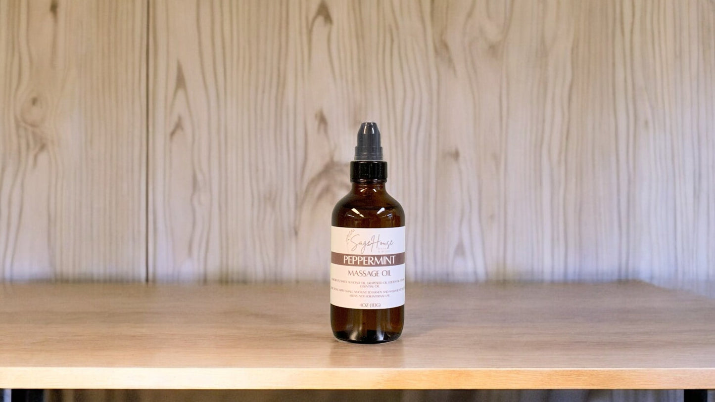 A Bottle with a treatment pump, labeled with 'Peppermint Massage Oil', positioned on a wooden surface.