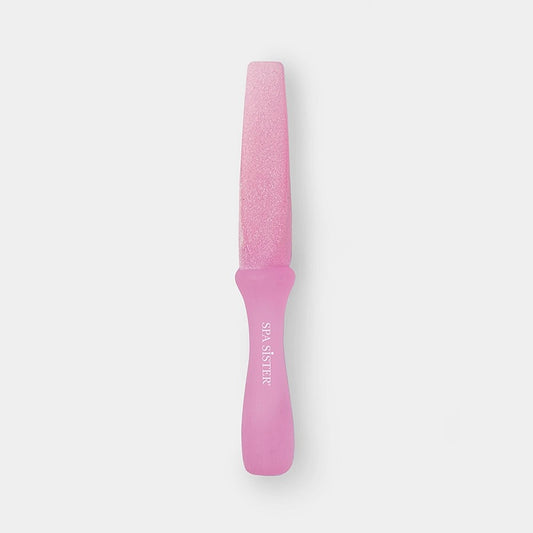 A pink ergonomic callus remover with a textured surface and a handle.