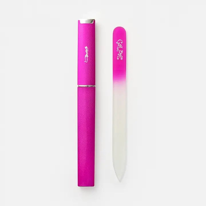 A pink and white glass nail file presented in a sleek, compact case.