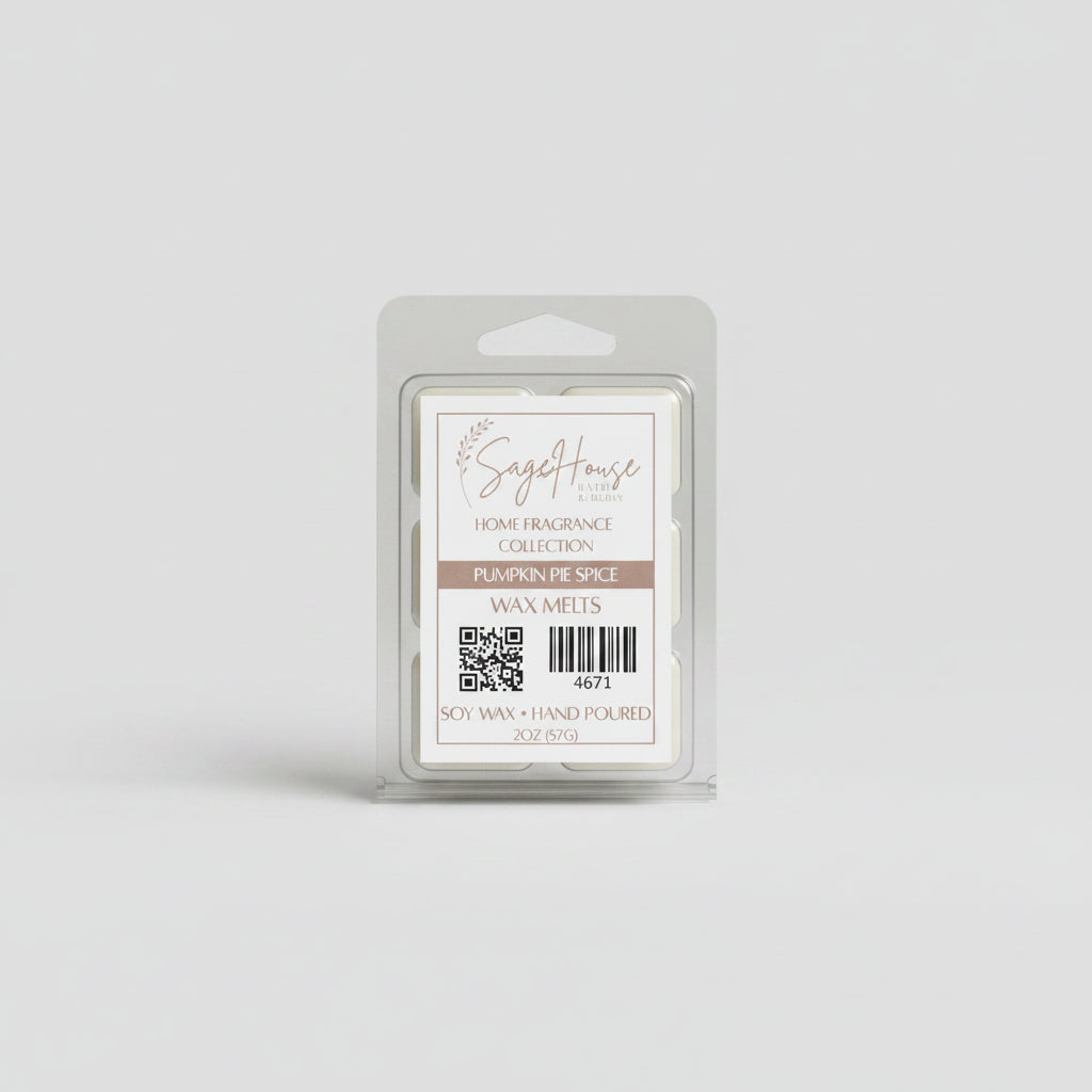 Wax melt clamshell with label on a neutral background