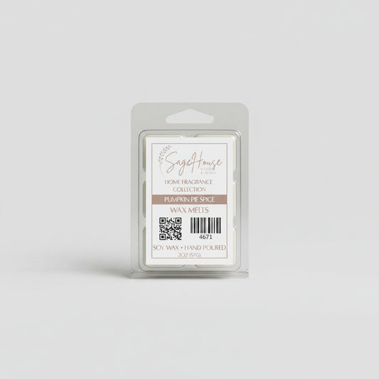 Wax melt clamshell with label on a neutral background