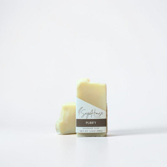 A labeled bar of soap sitting in front of a matching bar of soap. On a white background.