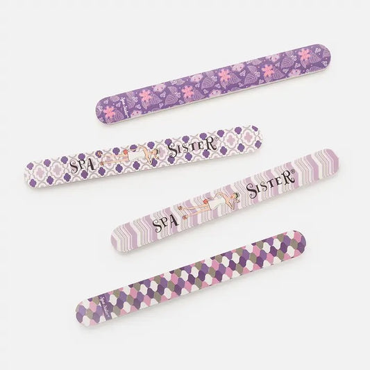 A set of four emery boards with various purple and multicolor floral patterns.