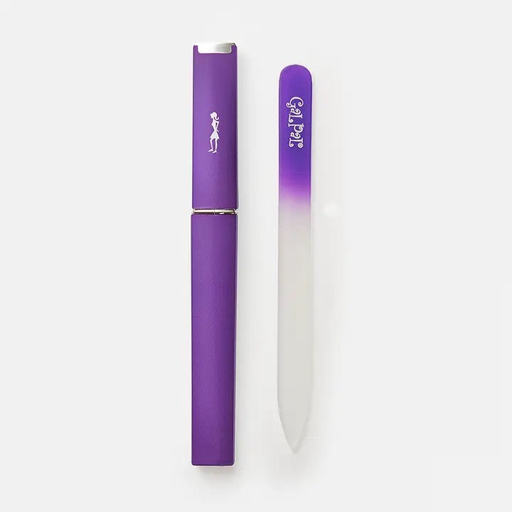 A purple and white glass nail file presented in a sleek, compact case.