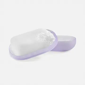 Purple frosted soap case with a white background