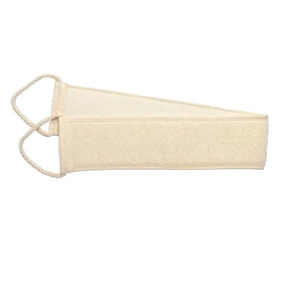 A natural cotton and ramie dual-sided bath belt with rope loops, on a white background