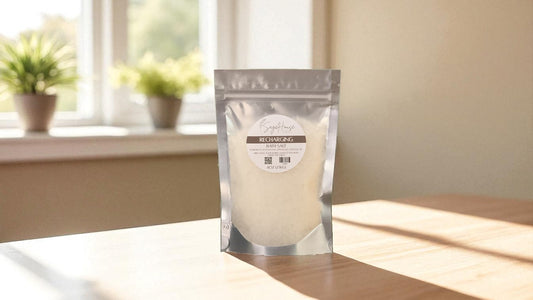 Silver packaging with a clear window of white salt labeled "recharging" on a wood surface.