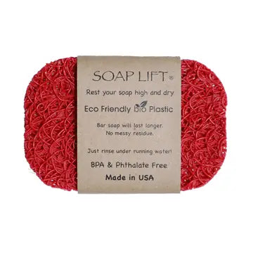 A red soap lift with product band around the middle. On white background.