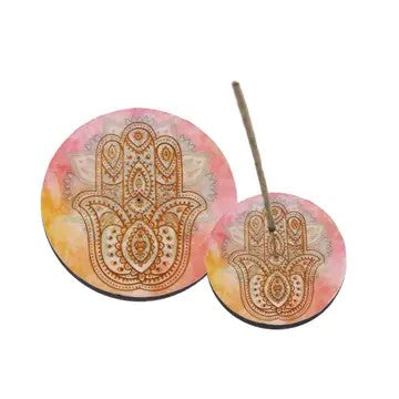 Round ceramic incense plate with Hamsa hand protection symbol by SageHouse Bath & Body