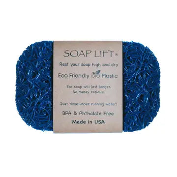 A royal blue soap lift with product band around the middle. On white background.