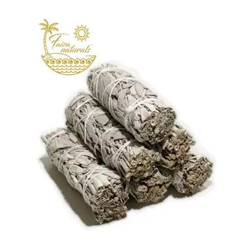 6 Bundles of Sage, each secured with string. placed on white background