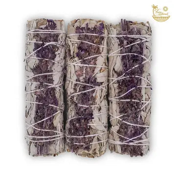 3 Bundles of Sage and Lavender, each secured with string. placed on white background