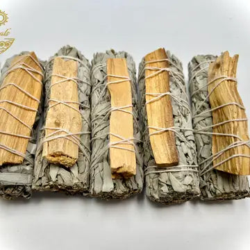5 Bundles of Sage and Palo Santo, each secured with string. placed on light gray background