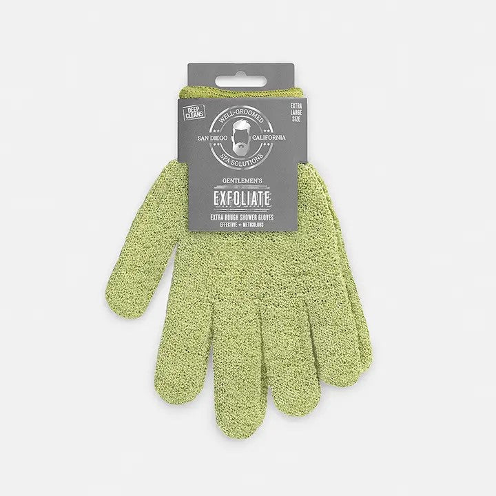 A pair of sage exfoliating bath gloves attached to a product label.