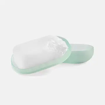 Sage green frosted soap case with a white background