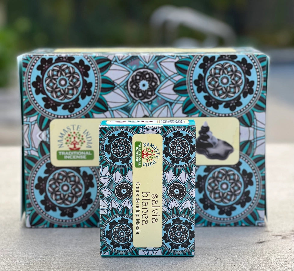 Small box of incense cones, with larger box behind with a nature background.