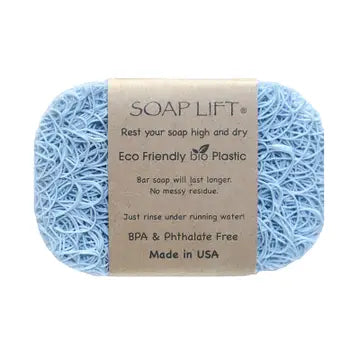 A Seaside Blue soap lift with product band around the middle. On white background.