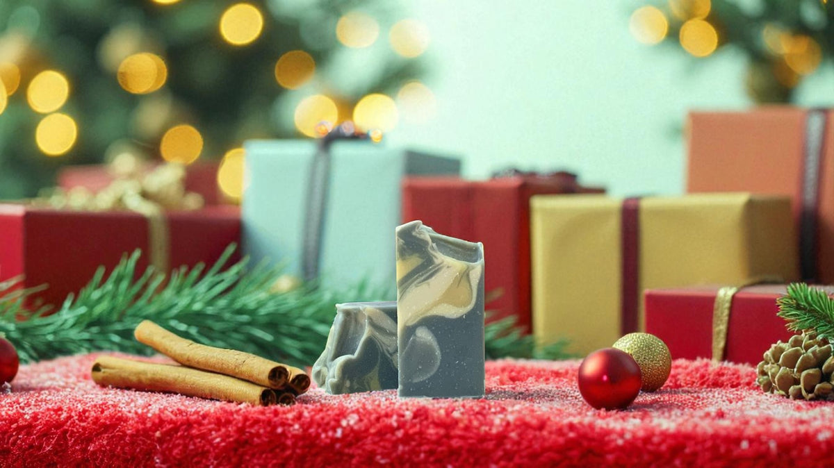 A dark blue colored bar of soap with accents of yellow and white on top, with christmas decor in the background.
