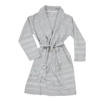 A silver striped Turkish bathrobe with a tie belt, displayed on a white background.