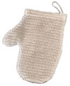 A beige sisal mitt, a textured mitt-like sponge, designed for exfoliating the skin.