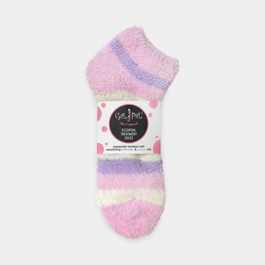 Pink, purple and white socks with front label. On a white background