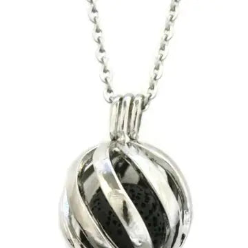 A silver circular necklace with lava bead inside. on a silver chain