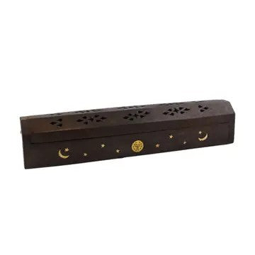 Wooden box incense burner with sun and crescent moon carved design by SageHouse Bath & Body