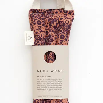 A neck wrap therapy pack with a floral pattern in shades of burgundy and peach, displayed on a white background.