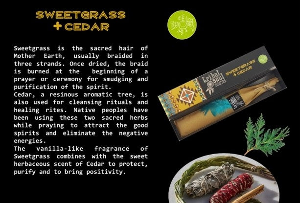 Sweetgrass and Cedar product packaging with text on a black background