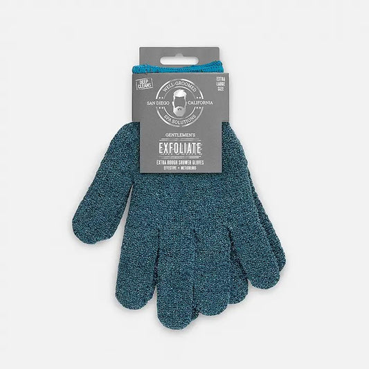 A pair of teal exfoliating bath gloves attached to a product label.