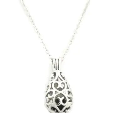 A silver tear drop necklace with lava bead inside. on a silver chain