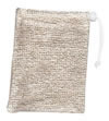 A beige terry cloth soap pouch with a drawstring closure.