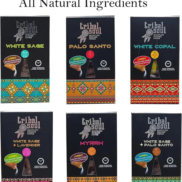 A collection of Tribal Soul backflow incense cones in various packaging, featuring different natural scents such as White Sage, Palo Santo, White Copal, White Sage & Lavender, Myrhh and White Sage & Palo Santo. All on a white background.