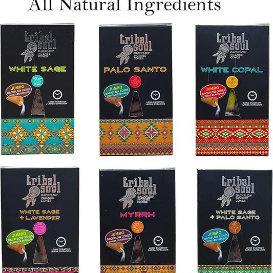 A collection of Tribal Soul backflow incense cones in various packaging, featuring different natural scents such as White Sage, Palo Santo, White Copal, White Sage & Lavender, Myrhh and White Sage & Palo Santo. All on a white background.
