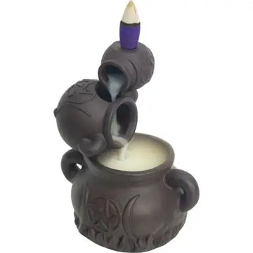 A cone incense burner shaped like 3 stacks jars with handles, with a waterfall of smoke going down through each jar into the jar at the bottom. On a white background.