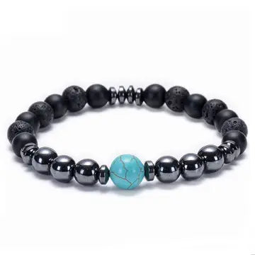 bracelet with a turquoise bead in the center, surrounded by hematite beads and lava beads
