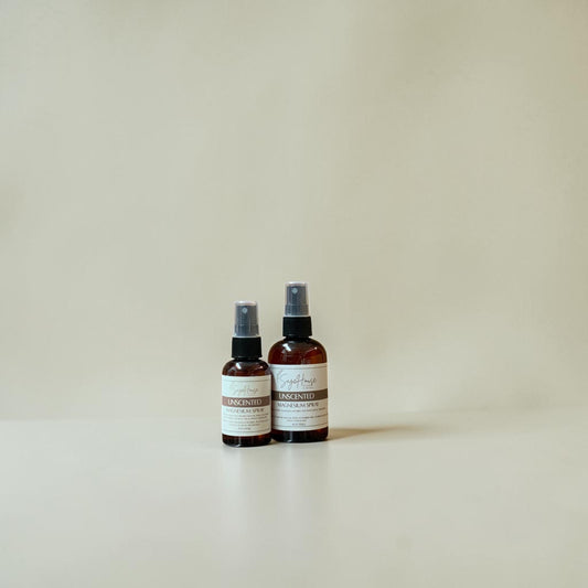 Two spray bottles with labels on a beige background